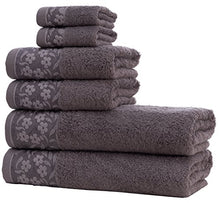 Load image into Gallery viewer, Decorative Bath Towels Set, 6 Piece - Turkish Towel Set with Floral Pattern, Highly Absorbent &amp; Fade Resistant Fabric, 100% Cotton - 2 Bath Towels, 2 Hand Towels, 2 Washcloths - Grey
