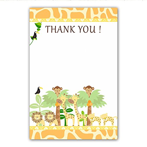 30 Blank Thank You Cards Brown Giraffe Jungle Safari Design Monkey Lion Leopard Bird Baby Shower Twins Birthday Party + 30 White Envelopes