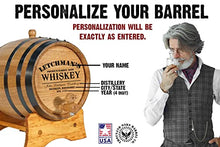 Load image into Gallery viewer, Personalized 2 Liter American Oak Whiskey Aging Barrel with Stand, Bung, and Spigot | Age Cocktails, Bourbon, Rum, Tequila, Beer, Wine and More! | Custom Laser Engraved Distillery Design (P5)

