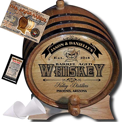 Personalized American Oak Whiskey Aging Barrel (103) - Custom Engraved Barrel From Skeeter's Reserve Outlaw Gear - MADE BY American Oak Barrel - (Natural Oak, Black Hoops, 1 Liter)