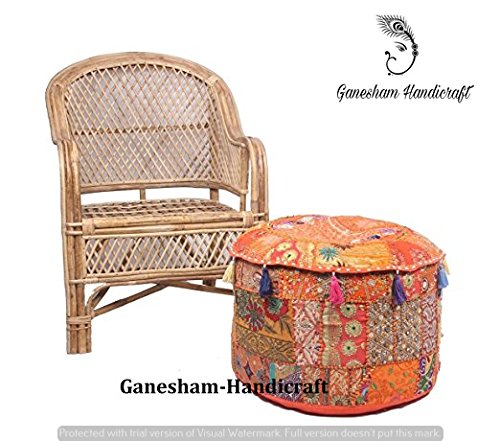 GANESHAM Indian Home Decor Hippie Patchwork Bean Bag Boho Bohemian Hand Embroidered Ethnic Handmade Pouf Ottoman Vintage Cotton Floor Pillow & Cushion (18 inch Dia.)