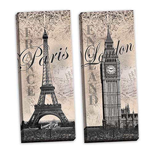 2 Paris Eiffel Tower and London Big Ben Travel International Style Fashion; Two hand-stretched 6x18in canvases, Ready to hang!