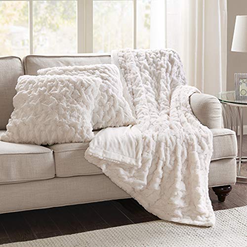 Comfort Spaces Ruched Faux Fur Plush 3 Piece Throw Blanket Set Ultra Soft Fluffy with 2 Square Pillow Covers, 50