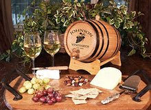 Load image into Gallery viewer, Personalized 20 Liter Oak Wine Barrel (5 gallon) with Stand, Bung, and Spigot | Age Cocktails, Bourbon, Whiskey, Beer and More! | Laser Engraved Grapes Design (V15)
