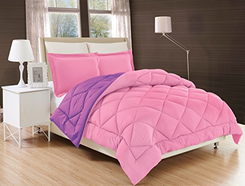 Silky Soft - Goose Down Alternative Reversible 3pc Comforter Set, Full/Queen, Pink/Purple