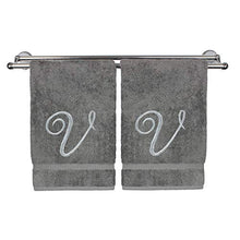 Load image into Gallery viewer, Monogrammed Hand Towel, Personalized Gift, 16 x 30 Inches - Set of 2 - Silver Embroidered Towel - Extra Absorbent 100% Turkish Cotton- Soft Terry Finish - for Bathroom, Kitchen and Spa- Script V Gray
