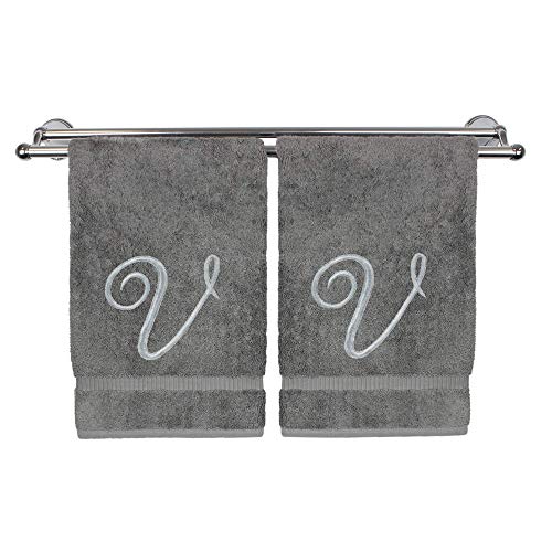 Monogrammed Hand Towel, Personalized Gift, 16 x 30 Inches - Set of 2 - Silver Embroidered Towel - Extra Absorbent 100% Turkish Cotton- Soft Terry Finish - for Bathroom, Kitchen and Spa- Script V Gray