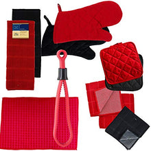 Load image into Gallery viewer, Bundle of Kitchen Linens by Home Collection Featuring: 2 Kitchen Towels, 2 Pot Holders, 2 Oven Mitts, 3 Dishcloths, 1 Dish Drying Mat (10 Piece Bundle, Solid Red &amp; Black)
