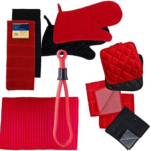 Bundle of Kitchen Linens by Home Collection Featuring: 2 Kitchen Towels, 2 Pot Holders, 2 Oven Mitts, 3 Dishcloths, 1 Dish Drying Mat (10 Piece Bundle, Solid Red & Black)