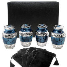 Load image into Gallery viewer, Heavenly Peace Dark Blue Small Keepsake Urns for Human Ashes - Set of 4 - Beautiful Mini Keepsake Sharing Urns to Honor Your Love One - with Case and 4 Individual Velvet Bags
