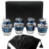 Heavenly Peace Dark Blue Small Keepsake Urns for Human Ashes - Set of 4 - Beautiful Mini Keepsake Sharing Urns to Honor Your Love One - with Case and 4 Individual Velvet Bags