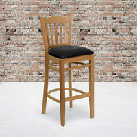 Flash Furniture 2 Pk. HERCULES Series Vertical Slat Back Natural Wood Restaurant Barstool - Black Vinyl Seat