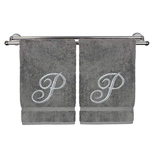 Monogrammed Hand Towel, Personalized Gift, 16 x 30 Inches - Set of 2 - Silver Embroidered Towel - Extra Absorbent 100% Turkish Cotton- Soft Terry Finish - for Bathroom, Kitchen and Spa- Script P Gray