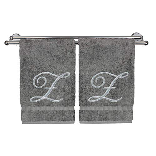 Monogrammed Hand Towel, Personalized Gift, 16 x 30 Inches - Set of 2 - Silver Embroidered Towel - Extra Absorbent 100% Turkish Cotton- Soft Terry Finish - for Bathroom, Kitchen and Spa- Script Z Gray