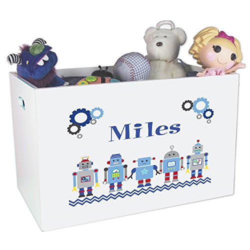 MyBambino Personalized Robot Toy Box for Boys Custom White Wooden Theme for Kids Bin Child Safe with No Lid Storage Playroom Nursery