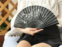 Load image into Gallery viewer, OMyTea &quot;Grassflowers 8.27&quot;(21cm) Hand Held Folding Fans - with a Fabric Sleeve for Protection for Gifts - Chinese/Japanese Vintage Retro Style (Black)
