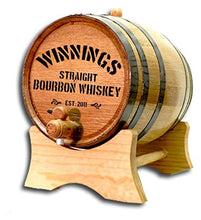 Load image into Gallery viewer, Personalized 10 Liter American Oak Whiskey Aging Barrel (2.5 gallon) with Stand, Bung, and Spigot | Age Cocktails, Bourbon, Rum, Tequila, Beer, Wine and More! | Laser Engraved Distillery Design (V20)

