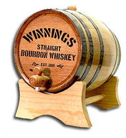 Personalized 10 Liter American Oak Whiskey Aging Barrel (2.5 gallon) with Stand, Bung, and Spigot | Age Cocktails, Bourbon, Rum, Tequila, Beer, Wine and More! | Laser Engraved Distillery Design (V20)
