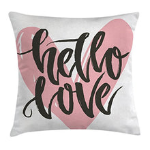 Load image into Gallery viewer, Lunarable Vintage Throw Pillow Cushion Cover, Poster Design with a Phrase Hello Love Over Heart Shape Illustration Artwork, Decorative Square Accent Pillow Case, 36&quot; X 36&quot;, Army Green Pink
