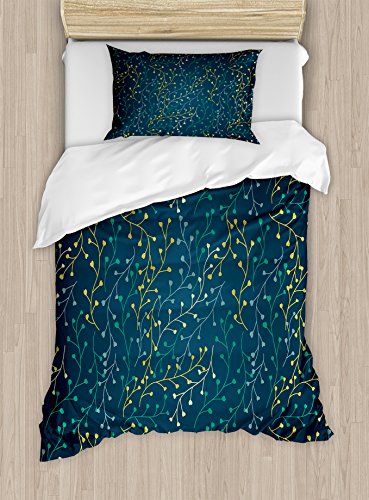 Ambesonne Leaves Duvet Cover Set, Heart Shaped Little Buds Flowering Branches Curly Spring Nature Inspired, Decorative 2 Piece Bedding Set with 1 Pillow Sham, Twin Size, Dark Blue Green Yellow