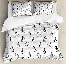 Load image into Gallery viewer, Ambesonne Penguin Duvet Cover Set, Skiing Penguins on Snowboards Winter Sports Themed Pattern Animal Bird with Scarf, Decorative 3 Piece Bedding Set with 2 Pillow Shams, Queen Size, White Black
