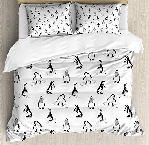 Ambesonne Penguin Duvet Cover Set, Skiing Penguins on Snowboards Winter Sports Themed Pattern Animal Bird with Scarf, Decorative 3 Piece Bedding Set with 2 Pillow Shams, Queen Size, White Black