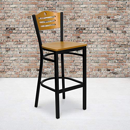 Flash Furniture 2 Pk. HERCULES Series Black Slat Back Metal Restaurant Barstool - Natural Wood Back & Seat
