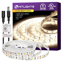 HitLights LED Strip Lights Neutral White, 10ft UL-Listed Premium Standard Density LED Strip, 180 LEDs, 330 Lumens/Foot, 4000K, 2835 LEDs, 3 Watts/Foot, 12V DC LED Tape Lighting for Bedroom, Kitchen, C