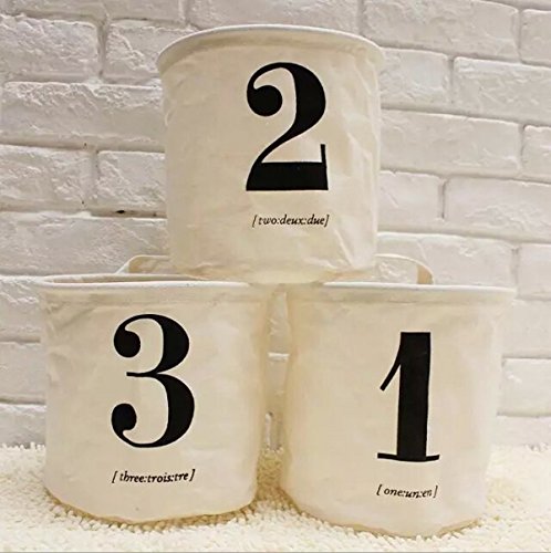 Neutral Set of 3 Number Stlye Waterproof Coating Ramie Cotton Fabric Folding Storage Baskets,Baby Small Toys Basket, 2020cm