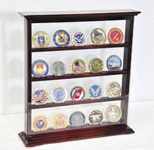 Load image into Gallery viewer, 4 Shelves Military Challenge Coin Curio Stand Rack w/ UV Protection Viewing from both side, Oak
