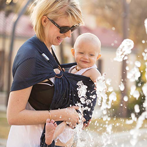 Beachfront Baby - Versatile Water & Warm Weather Ring Sling Baby Carrier | Made in USA with Safety Tested Fabric & Aluminum Rings | Lightweight, Quick Dry & Breathable (Navy Blue, One Size)