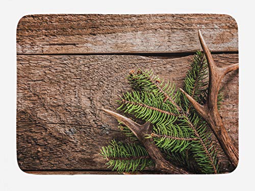 Ambesonne Antlers Bath Mat, Evergreen Branch Deer Antler Against Rustic Wooden Background Print, Plush Bathroom Decor Mat with Non Slip Backing, 29.5