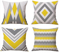 BLUETTEK Modern Simple Geometric Style Cotton Linen Burlap Square Throw Pillow Covers, 18 x 18 Inches, Set of 4 (Yellow-Gray)