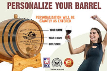 Load image into Gallery viewer, Thousand Oaks Barrel Co. | Personalized 1 Liter Oak Wine Barrel with Stand, Bung, and Spigot | Age Cocktails, Wine and More! | Laser Engraved Vineyard Bistro Design (B314)
