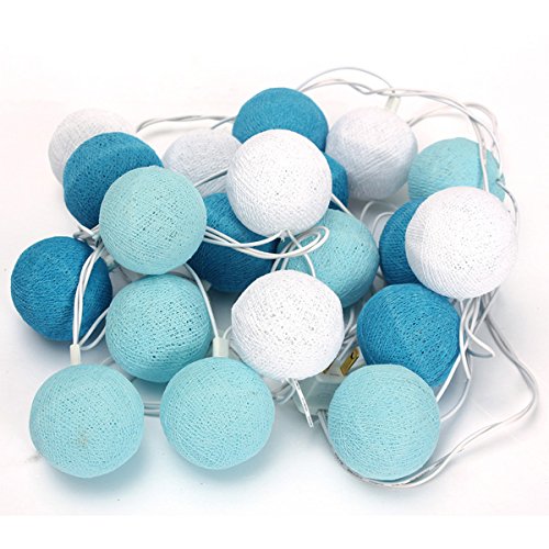 White and Blue 20 Cotton Ball Fairy String Lights Party Holiday Wedding Decor by 24/7 store