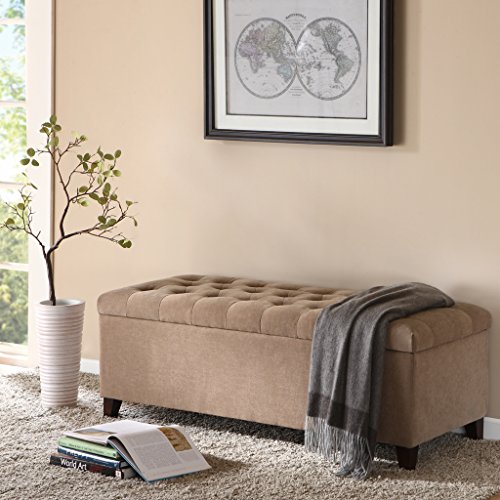 Madison Park Shandra Storage Ottoman - Solid Wood, Polyester Fabric Toy Chest Modern Style Lift-Top Accent Bench for Bedroom Furniture, Medium, Sand