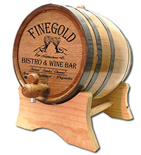 Load image into Gallery viewer, Personalized 20 Liter Oak Wine Barrel (5 gallon) with Stand, Bung, and Spigot | Age Cocktails, Bourbon, Whiskey, Beer and More! | Laser Engraved Finegold Wine Bar Design (B324)
