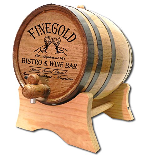 Personalized 20 Liter Oak Wine Barrel (5 gallon) with Stand, Bung, and Spigot | Age Cocktails, Bourbon, Whiskey, Beer and More! | Laser Engraved Finegold Wine Bar Design (B324)