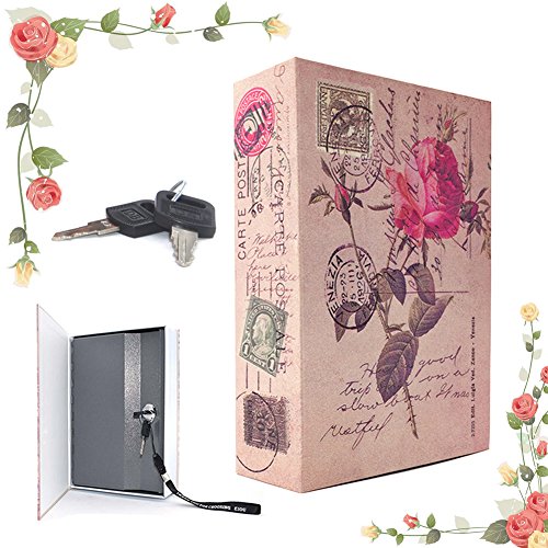 EIOUMAX 9.6 x 6.2 x 2.2 inches Beatiful Rose Inches Book Safe with Key Lock, Metal,safe for money