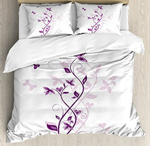 Load image into Gallery viewer, Ambesonne Purple Duvet Cover Set, A Violet Tree Swirling Persian Lilac Blooms with Butterfly an Ornamental Plant Graphic, Decorative 3 Piece Bedding Set with 2 Pillow Shams, King Size, Purple White
