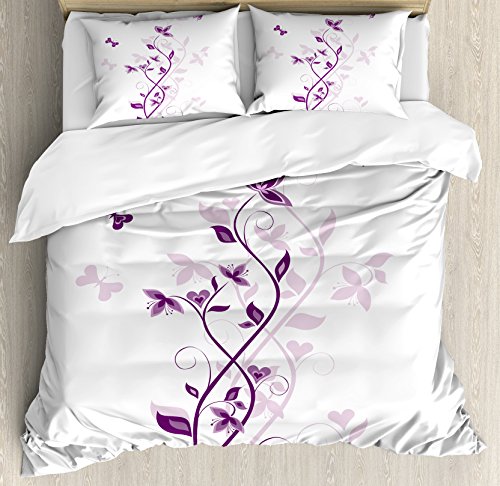 Ambesonne Purple Duvet Cover Set, A Violet Tree Swirling Persian Lilac Blooms with Butterfly an Ornamental Plant Graphic, Decorative 3 Piece Bedding Set with 2 Pillow Shams, King Size, Purple White