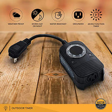 Load image into Gallery viewer, Austin Light Co. - 1 Socket - Outdoor Outlet Timer with Photocell Light Sensor, Weatherproof - Black - UL Listed. Commercial Grade. Great for Christmas, Holiday Lights, Patio, Backyard, Home
