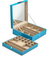 Load image into Gallery viewer, Glenor Co Jewelry Box - 28 Section Classic Organizer with Modern Buckle Closure, Large Mirror &amp; 2 Trays for Women Teens and Girls - Holder for Earring Ring Necklace Bracelet &amp; Watch -PU Leather - Blue
