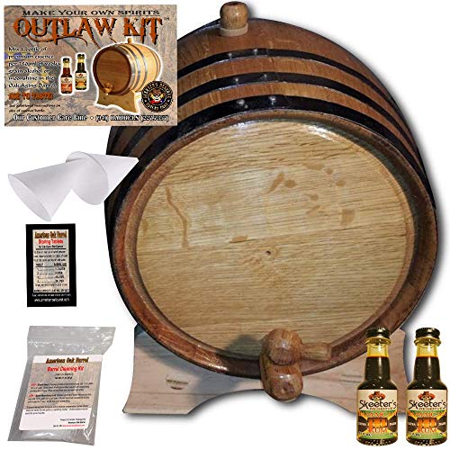 Barrel Aged Rum Making Kit - Create Your Own Dark Jamaican Rum - The Outlaw Kit from Skeeter's Reserve Outlaw Gear - MADE BY American Oak Barrel (Natural Oak, Black Hoops, 1 Liter)