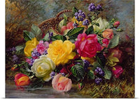 GREATBIGCANVAS Entitled Roses by a Pond on a Grassy Bank Oil on Canvas Poster Print, 60