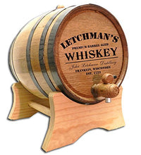 Load image into Gallery viewer, Personalized 10 Liter American Oak Whiskey Aging Barrel (2.5 gallon) with Stand, Bung, and Spigot | Age Cocktails, Bourbon, Rum, Tequila, Beer, Wine and More! | Custom Laser Engraved P5 Design
