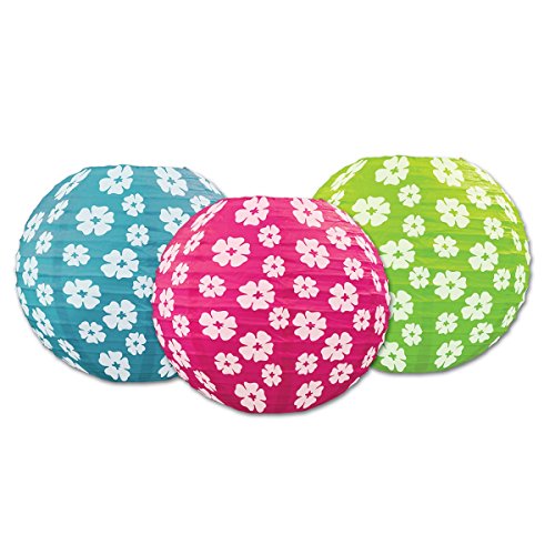 Pack of 6 Bright Pink, Teal, and Green Hibiscus Accent Hanging Paper Lanterns 9.5