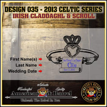 Load image into Gallery viewer, 3 Liter Personalized Irish Claddagh &amp; Scroll American Oak Aging Barrel - Design 035

