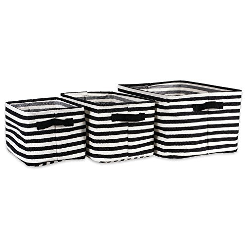 DII Laundry Storage Collection Cabana Stripe Collapsible and Waterproof Bins, Assorted Rectangle, Black, 3 Piece