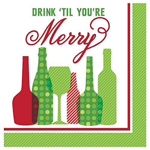 Creative Converting Drink Merry Beverage Napkins, Red/Green/White